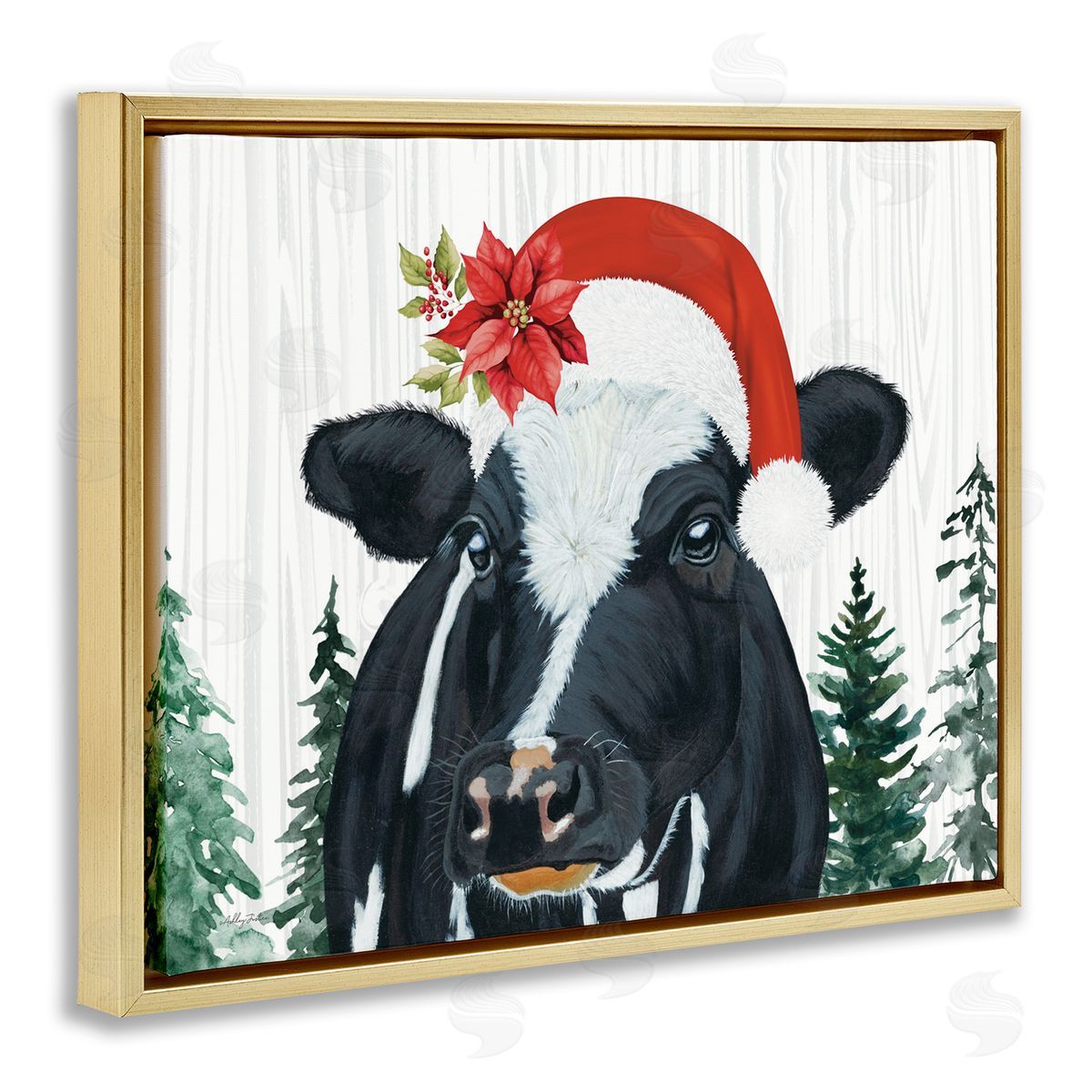 Christmas Hat Cow Portrait Gold Floating Frame Canvas Wall Art, Home Decor by Ashley Justice