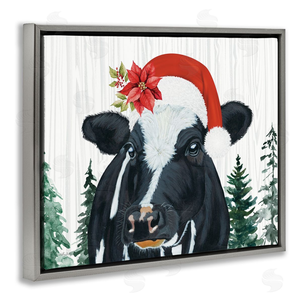 Christmas Hat Cow Portrait Grey Floating Frame Canvas Wall Art, Home Decor by Ashley Justice