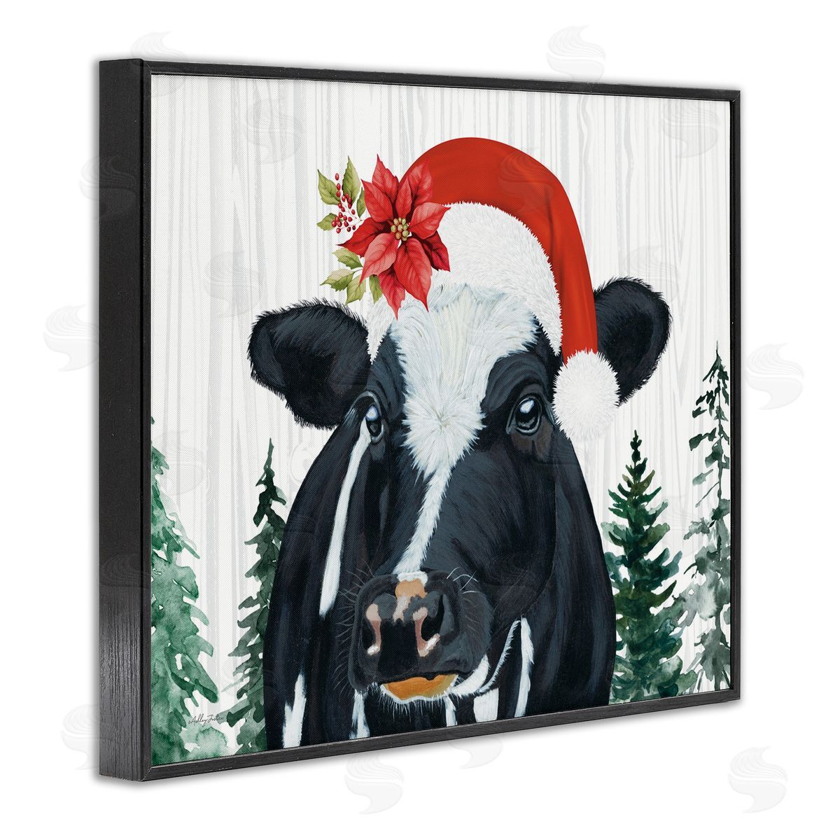 Christmas Hat Cow Portrait Black Frame Print Wall Art, Home Decor by Ashley Justice