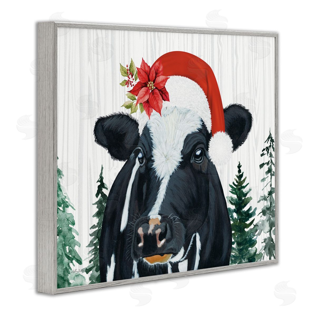 Christmas Hat Cow Portrait Grey Frame Print Wall Art, Home Decor by Ashley Justice