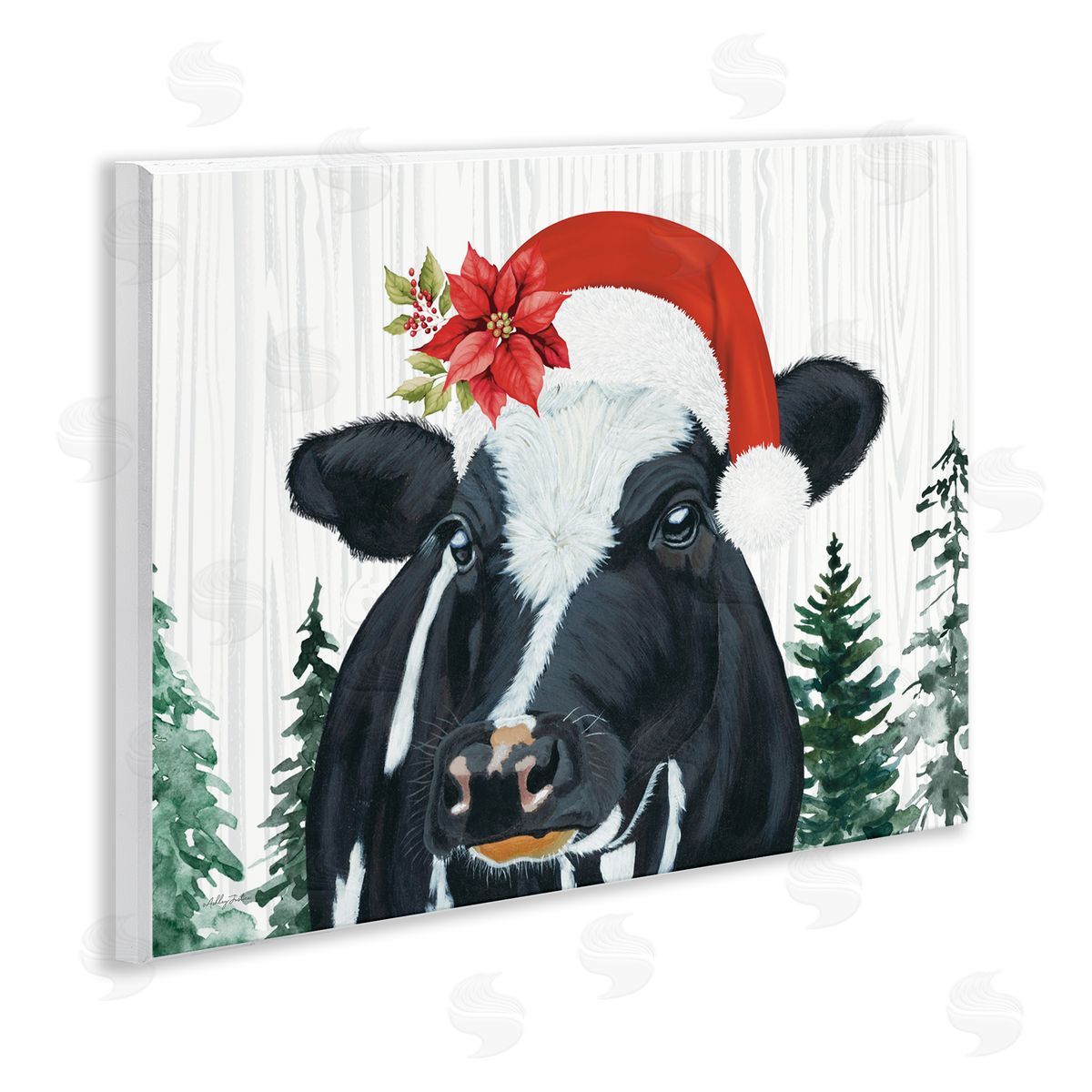 Christmas Hat Cow Portrait Wood Plaque Wall Art, Home Decor by Ashley Justice