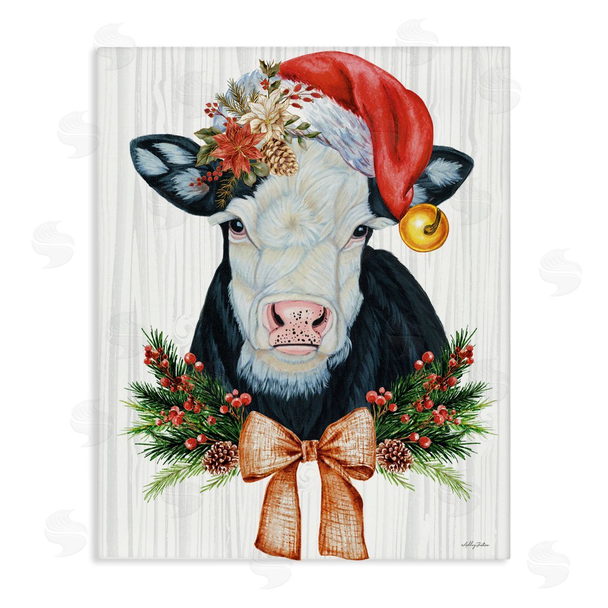 Festive Cow in Christmas Hat Canvas Wall Art, Home Decor by Ashley Justice