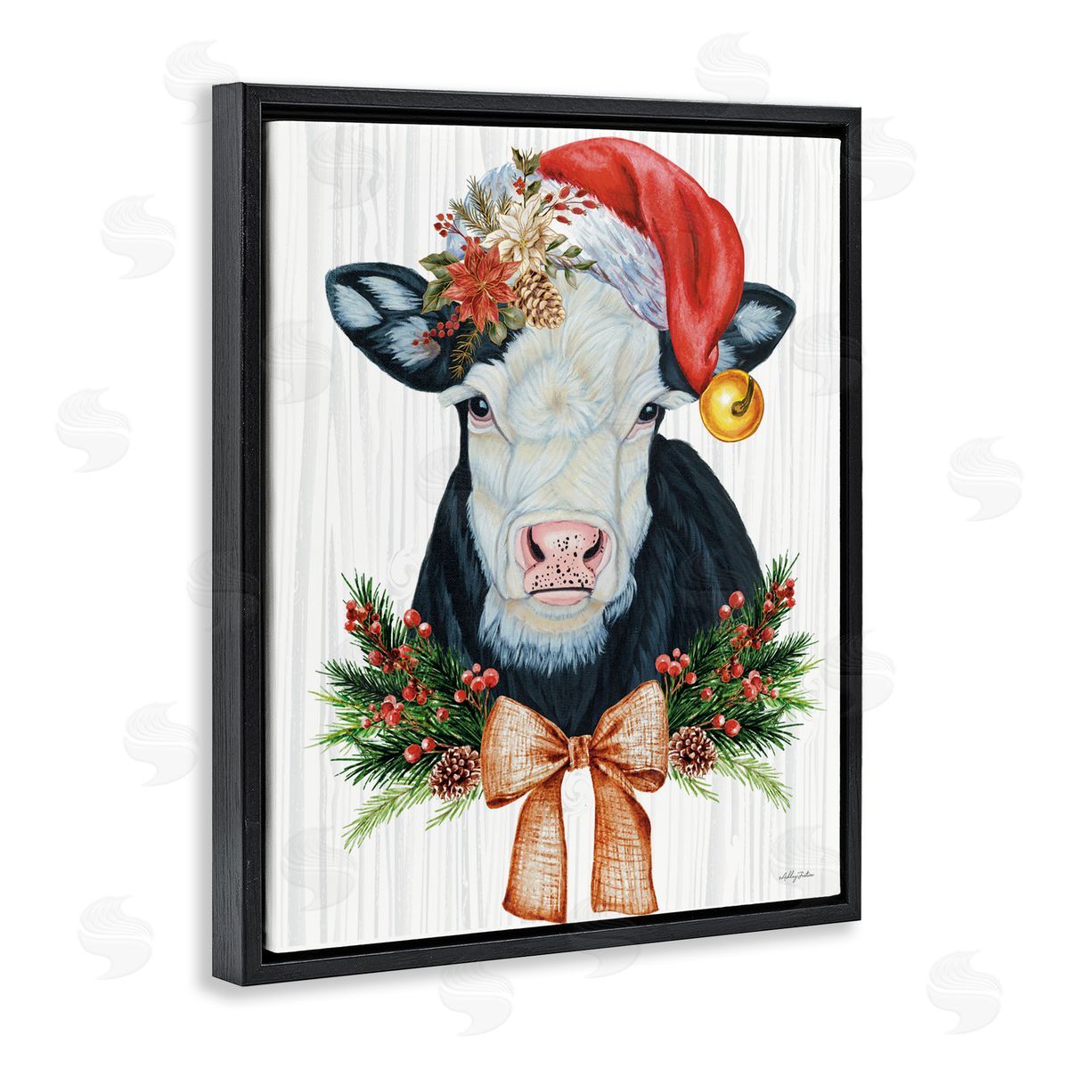 Festive Cow in Christmas Hat Black Floating Frame Canvas Wall Art, Home Decor by Ashley Justice