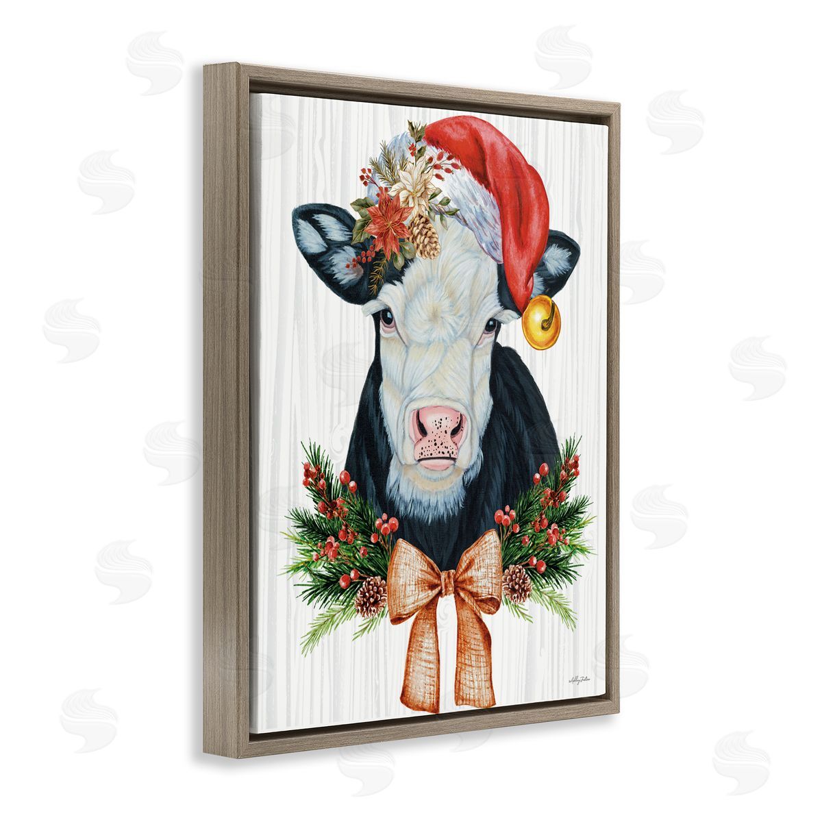 Festive Cow in Christmas Hat Brown Floating Frame Canvas Wall Art, Home Decor by Ashley Justice