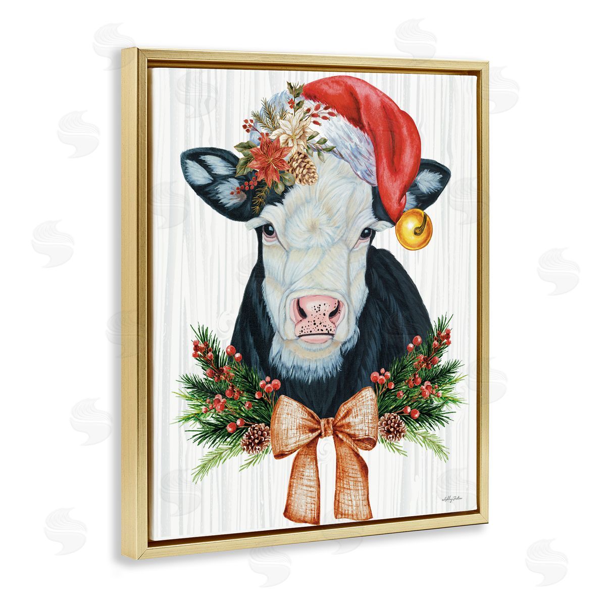 Festive Cow in Christmas Hat Gold Floating Frame Canvas Wall Art, Home Decor by Ashley Justice