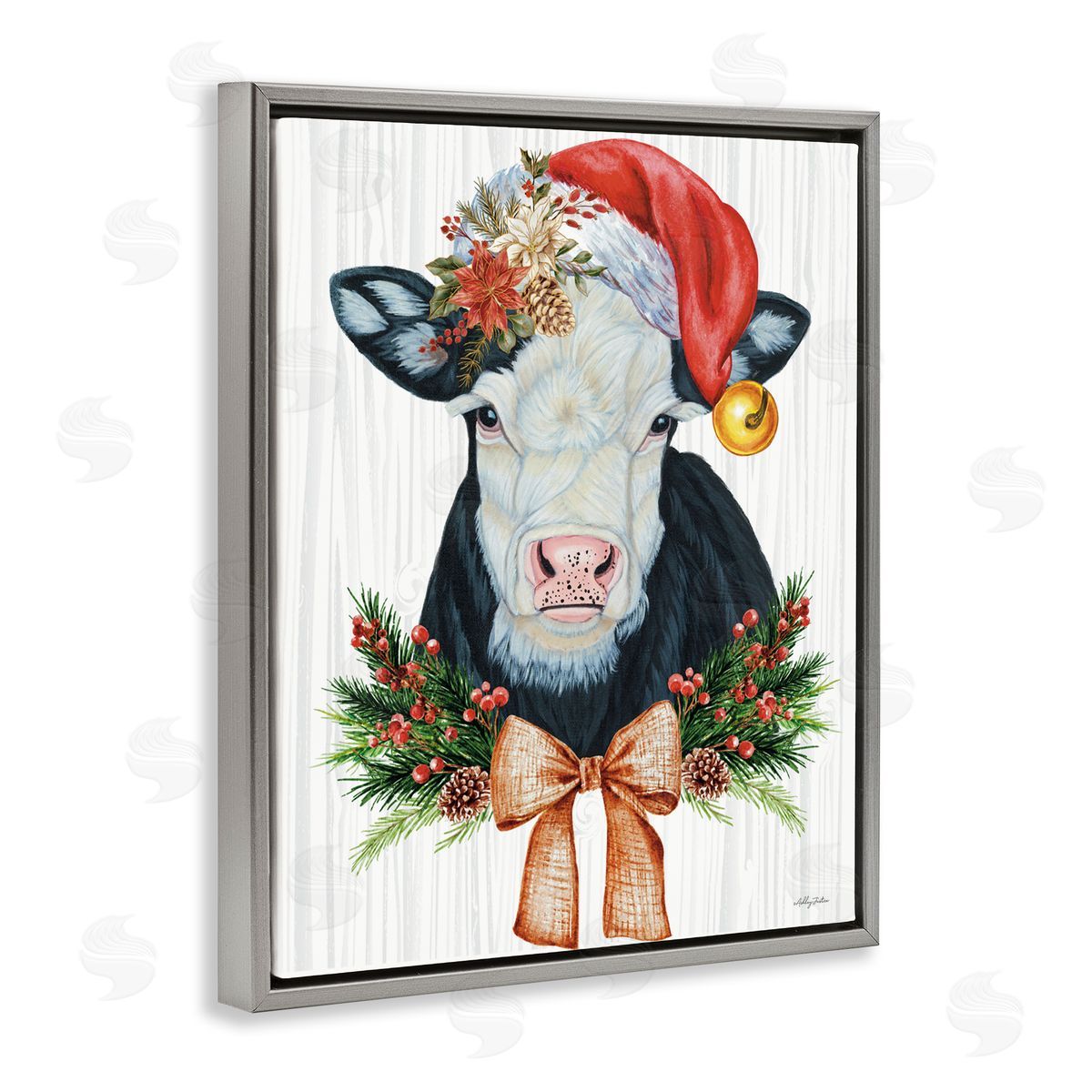 Festive Cow in Christmas Hat Grey Floating Frame Canvas Wall Art, Home Decor by Ashley Justice