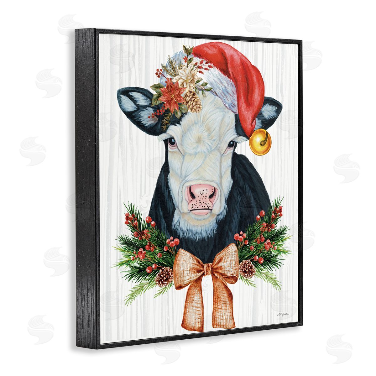 Festive Cow in Christmas Hat Black Frame Print Wall Art, Home Decor by Ashley Justice