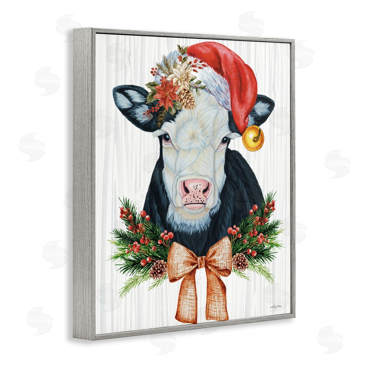 Festive Cow in Christmas Hat Grey Frame Print Wall Art, Home Decor by Ashley Justice