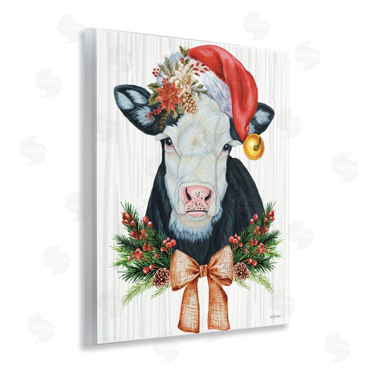 Festive Cow in Christmas Hat Wood Plaque Wall Art, Home Decor by Ashley Justice