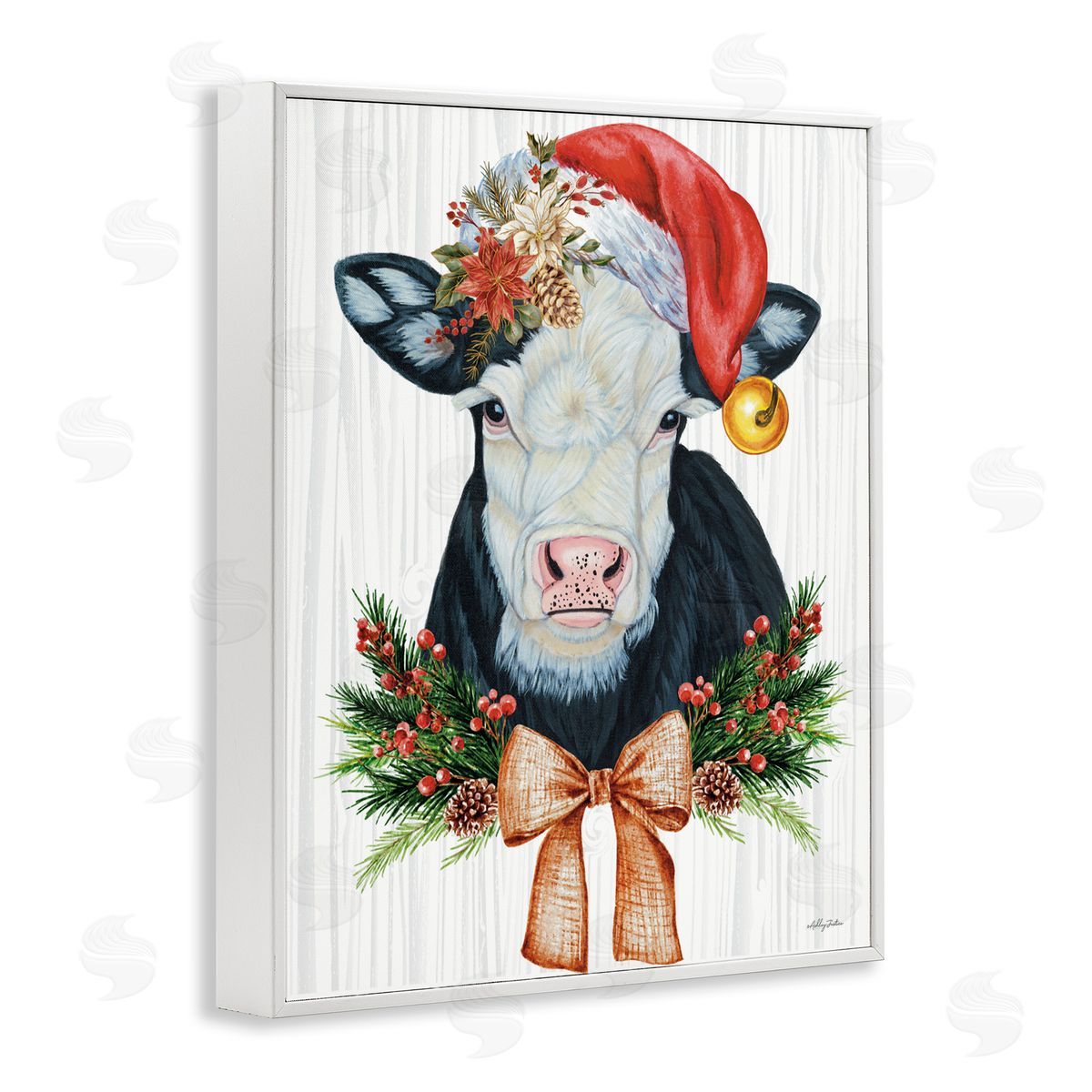 Festive Cow in Christmas Hat White Frame Print Wall Art, Home Decor by Ashley Justice