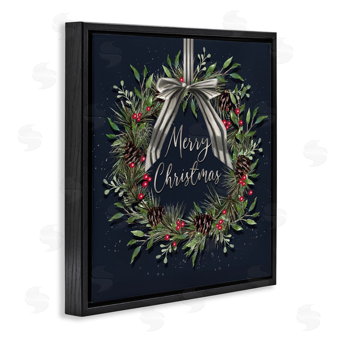 Hanging Christmas Wreath with Bow Black Floating Frame Canvas Wall Art, Home Decor by Elizabeth Tyndall