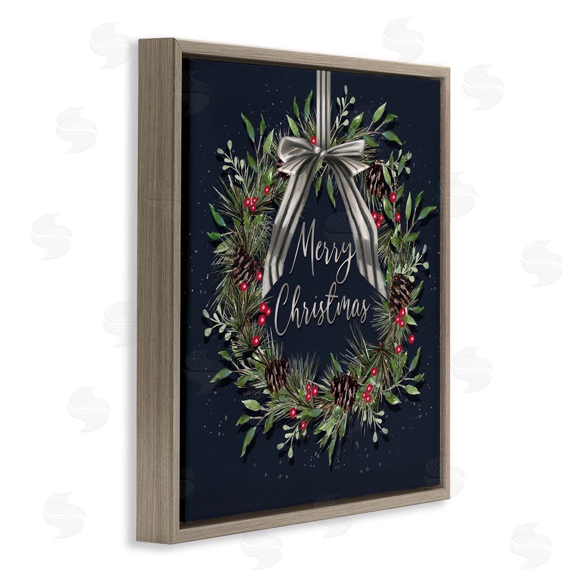 Hanging Christmas Wreath with Bow Brown Floating Frame Canvas Wall Art, Home Decor by Elizabeth Tyndall