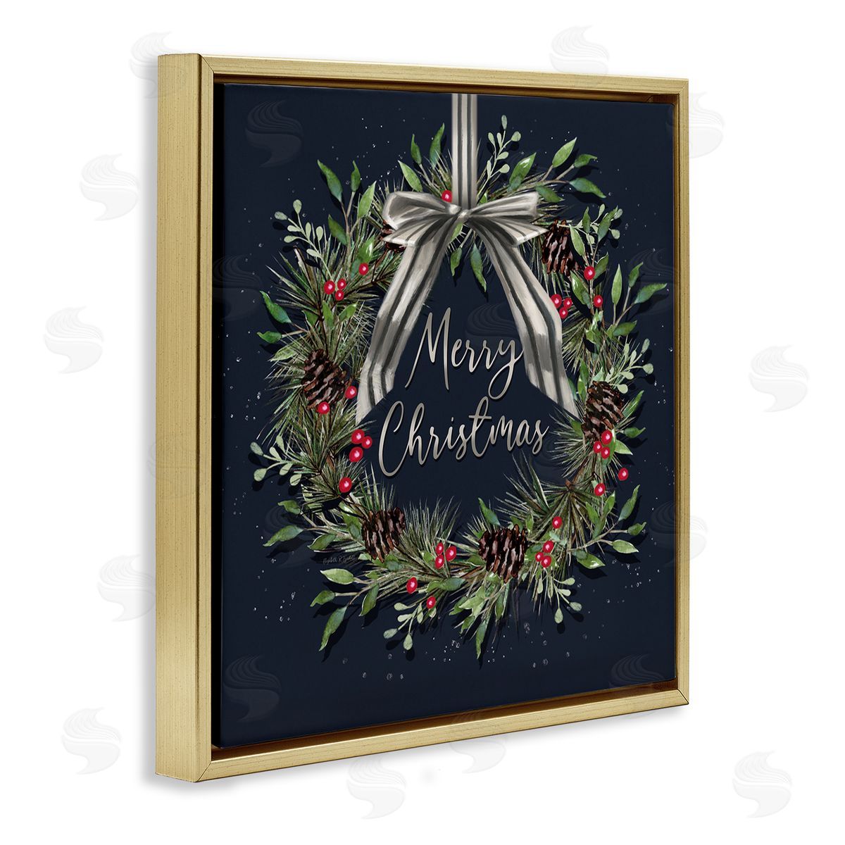 Hanging Christmas Wreath with Bow Gold Floating Frame Canvas Wall Art, Home Decor by Elizabeth Tyndall