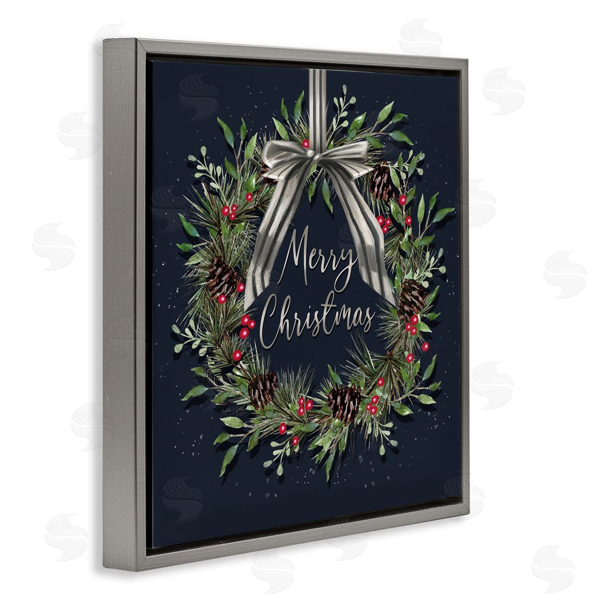 Hanging Christmas Wreath with Bow Grey Floating Frame Canvas Wall Art, Home Decor by Elizabeth Tyndall