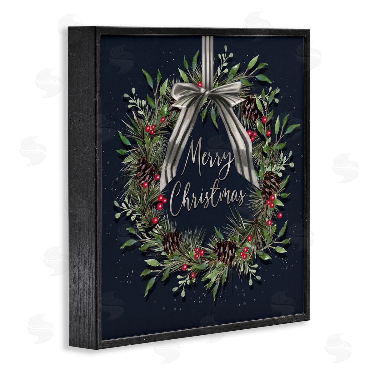Hanging Christmas Wreath with Bow Black Frame Print Wall Art, Home Decor by Elizabeth Tyndall