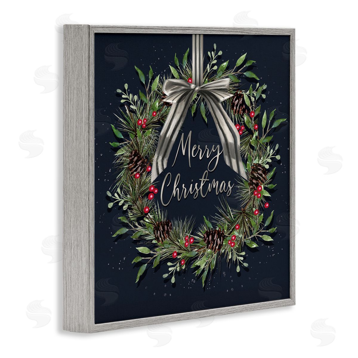 Hanging Christmas Wreath with Bow Grey Frame Print Wall Art, Home Decor by Elizabeth Tyndall