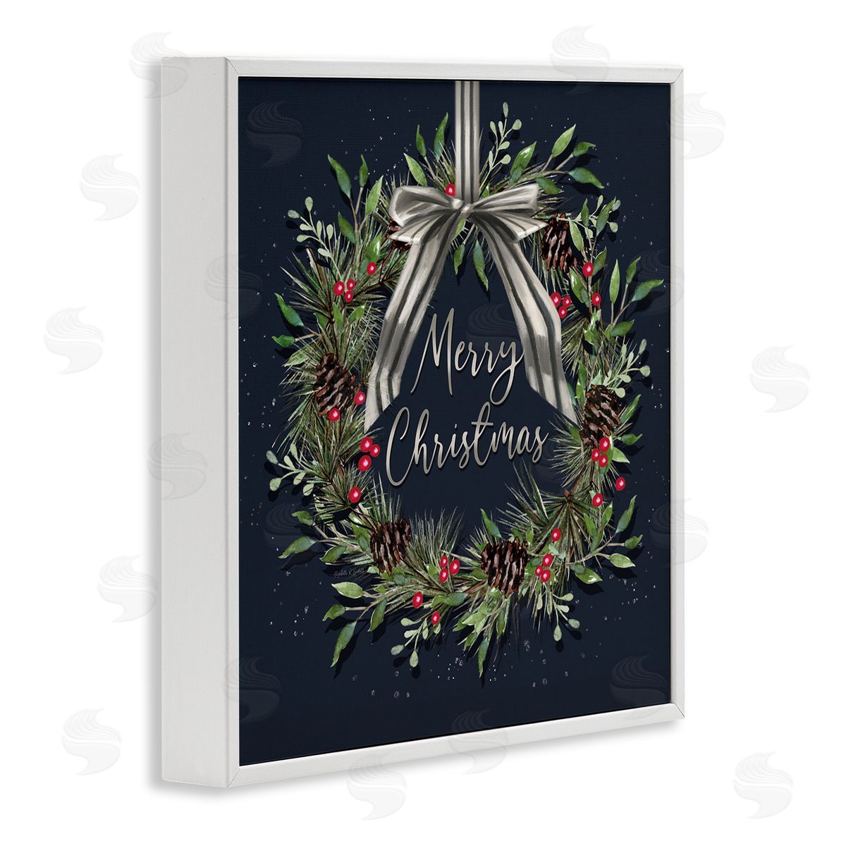 Hanging Christmas Wreath with Bow White Frame Print Wall Art, Home Decor by Elizabeth Tyndall