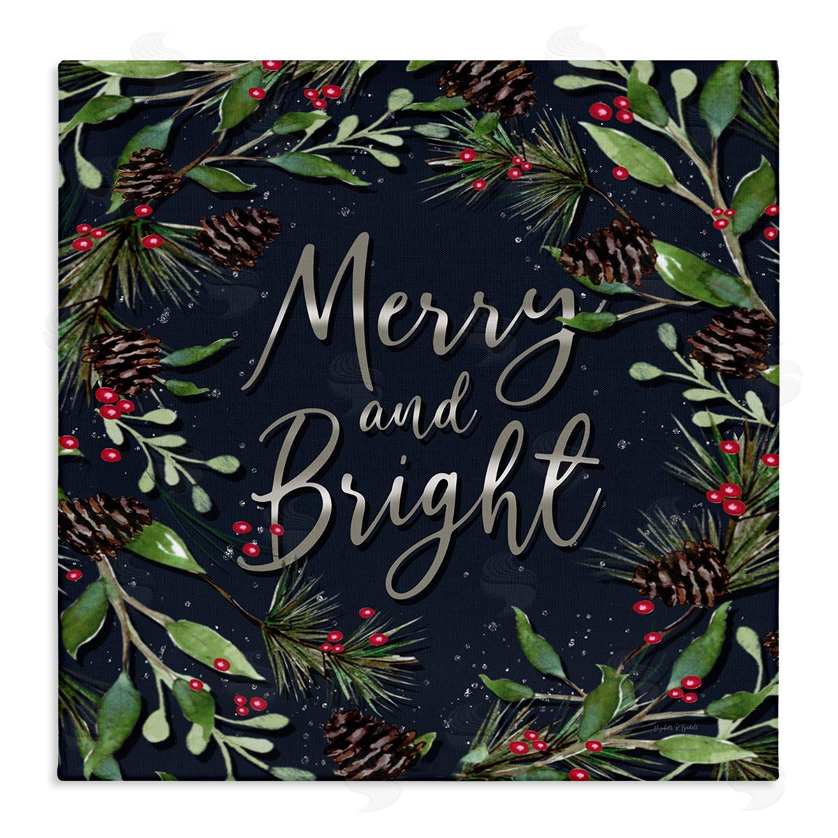 Merry & Bright with Holly Leaves Canvas Wall Art, Home Decor by Elizabeth Tyndall