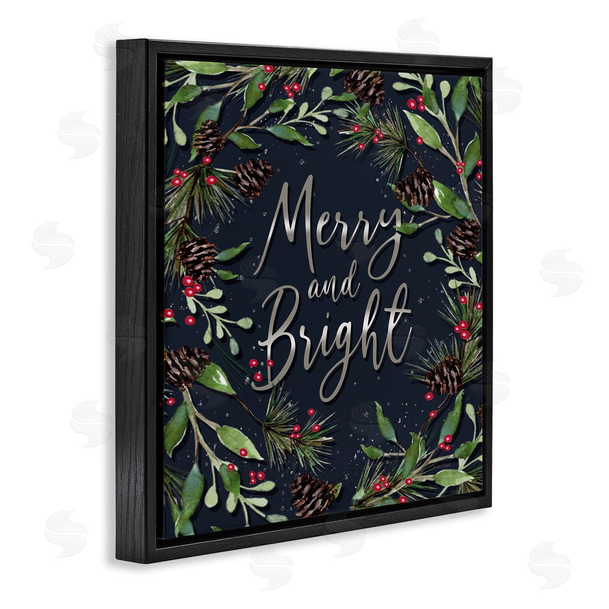 Merry & Bright with Holly Leaves Black Floating Frame Canvas Wall Art, Home Decor by Elizabeth Tyndall