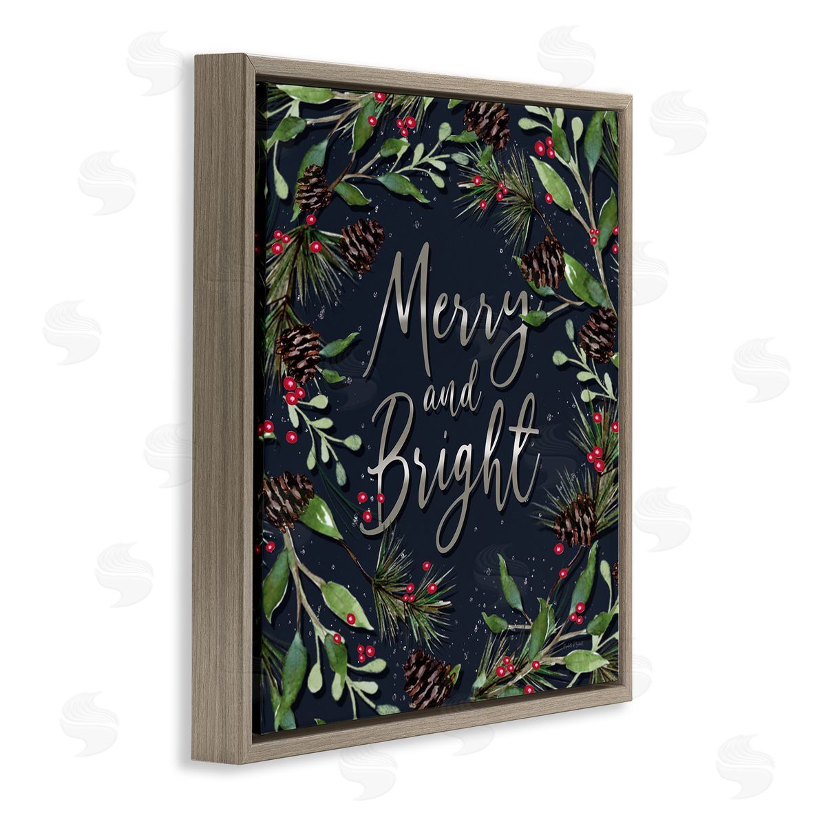 Merry & Bright with Holly Leaves Brown Floating Frame Canvas Wall Art, Home Decor by Elizabeth Tyndall