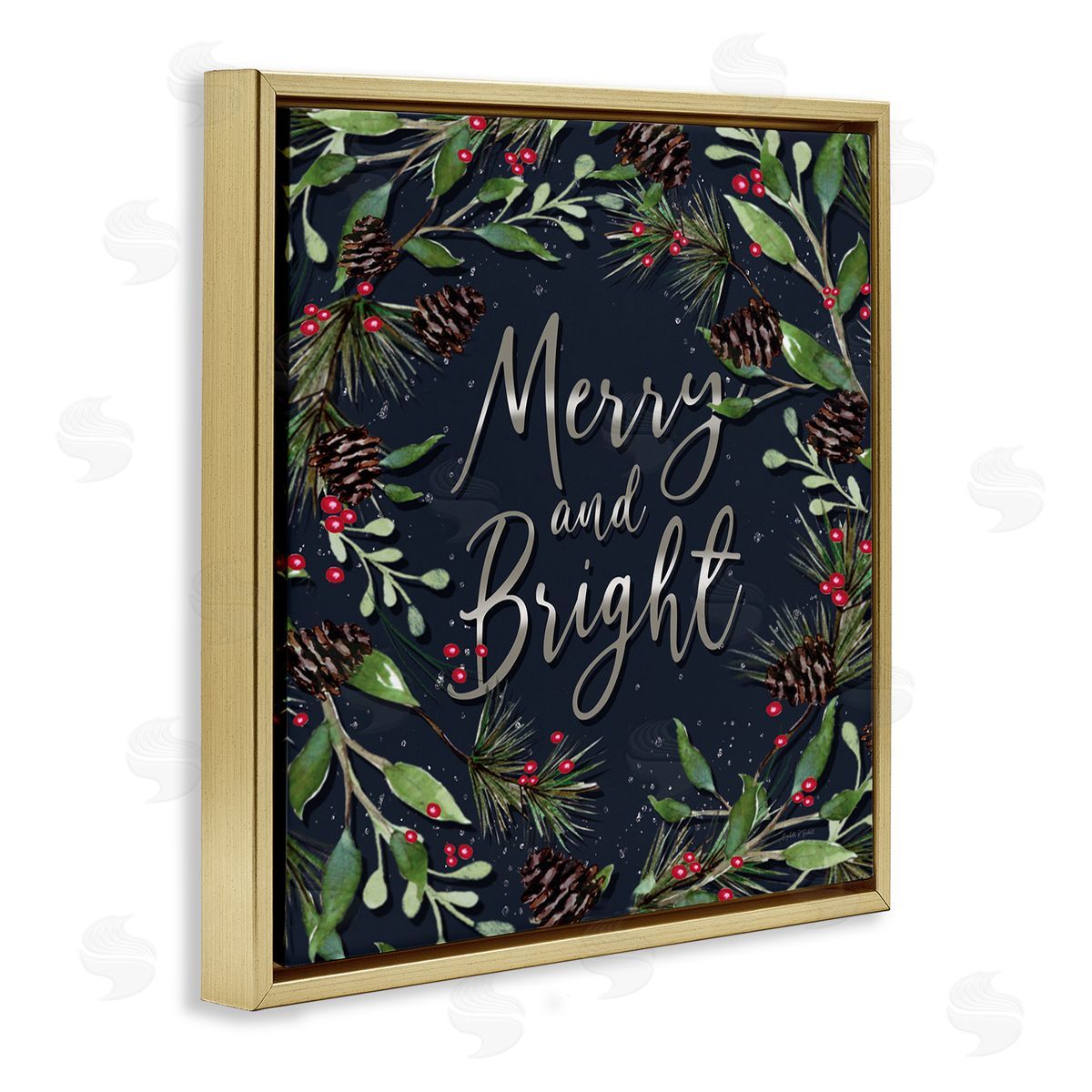 Merry & Bright with Holly Leaves Gold Floating Frame Canvas Wall Art, Home Decor by Elizabeth Tyndall
