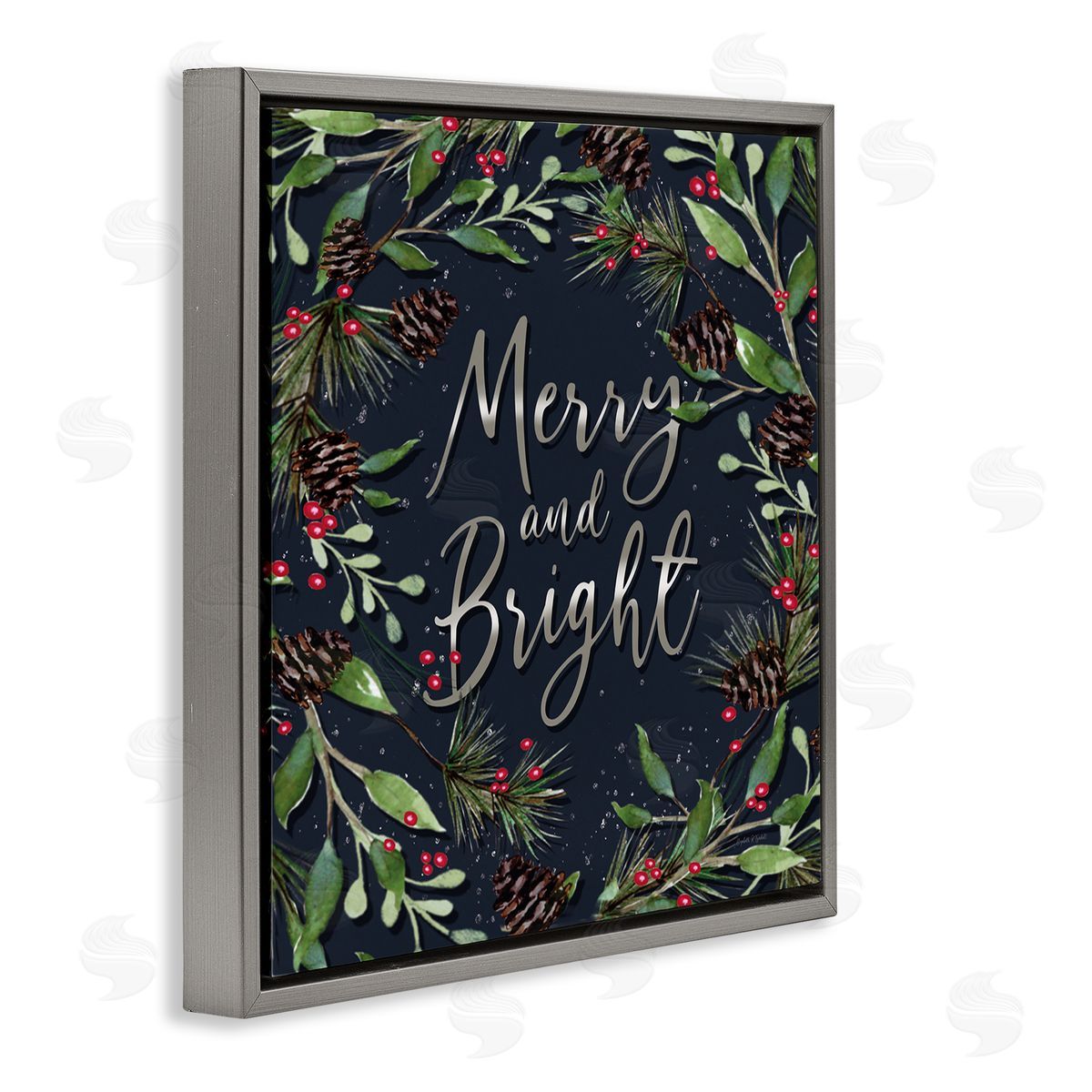 Merry & Bright with Holly Leaves Grey Floating Frame Canvas Wall Art, Home Decor by Elizabeth Tyndall