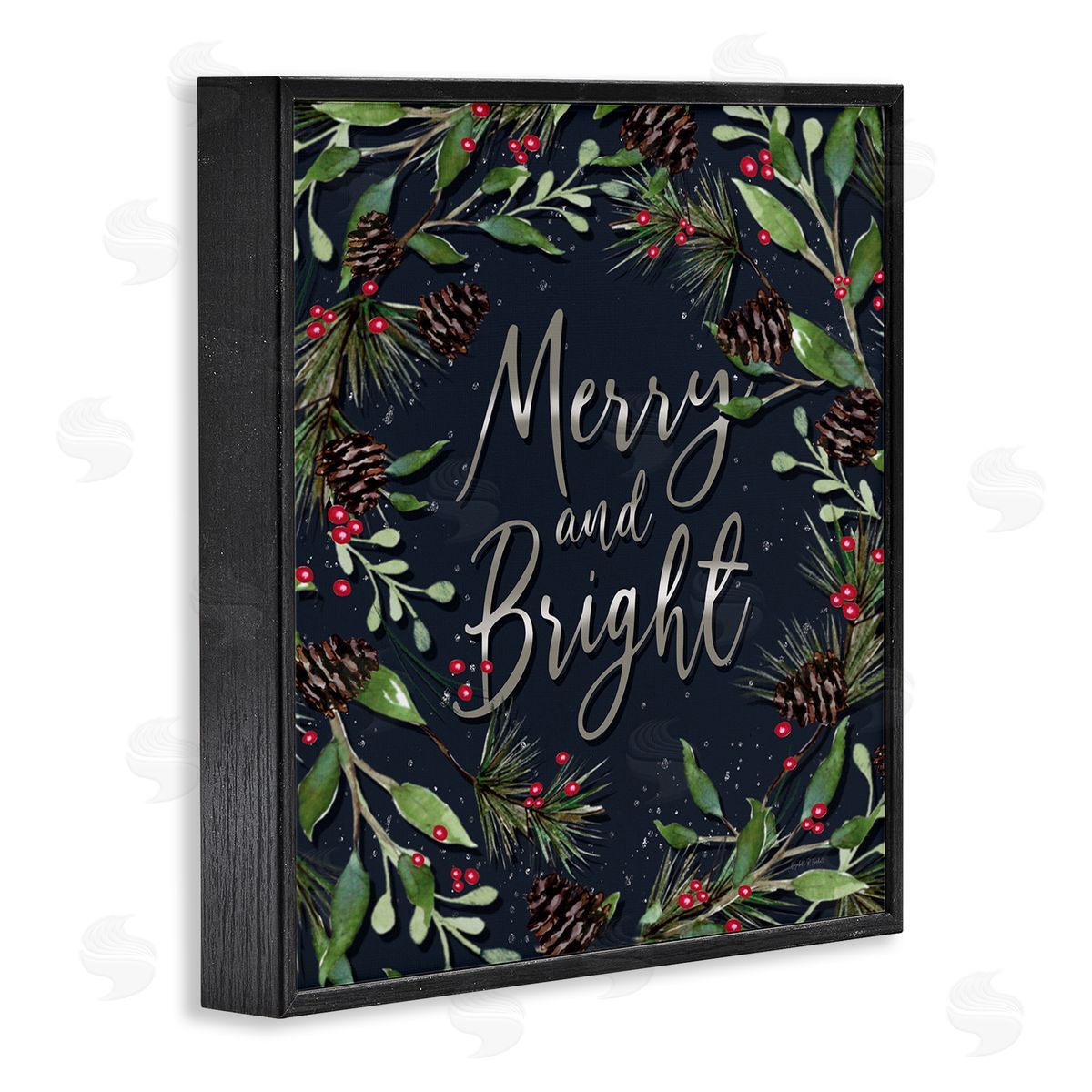 Merry & Bright with Holly Leaves Black Frame Print Wall Art, Home Decor by Elizabeth Tyndall