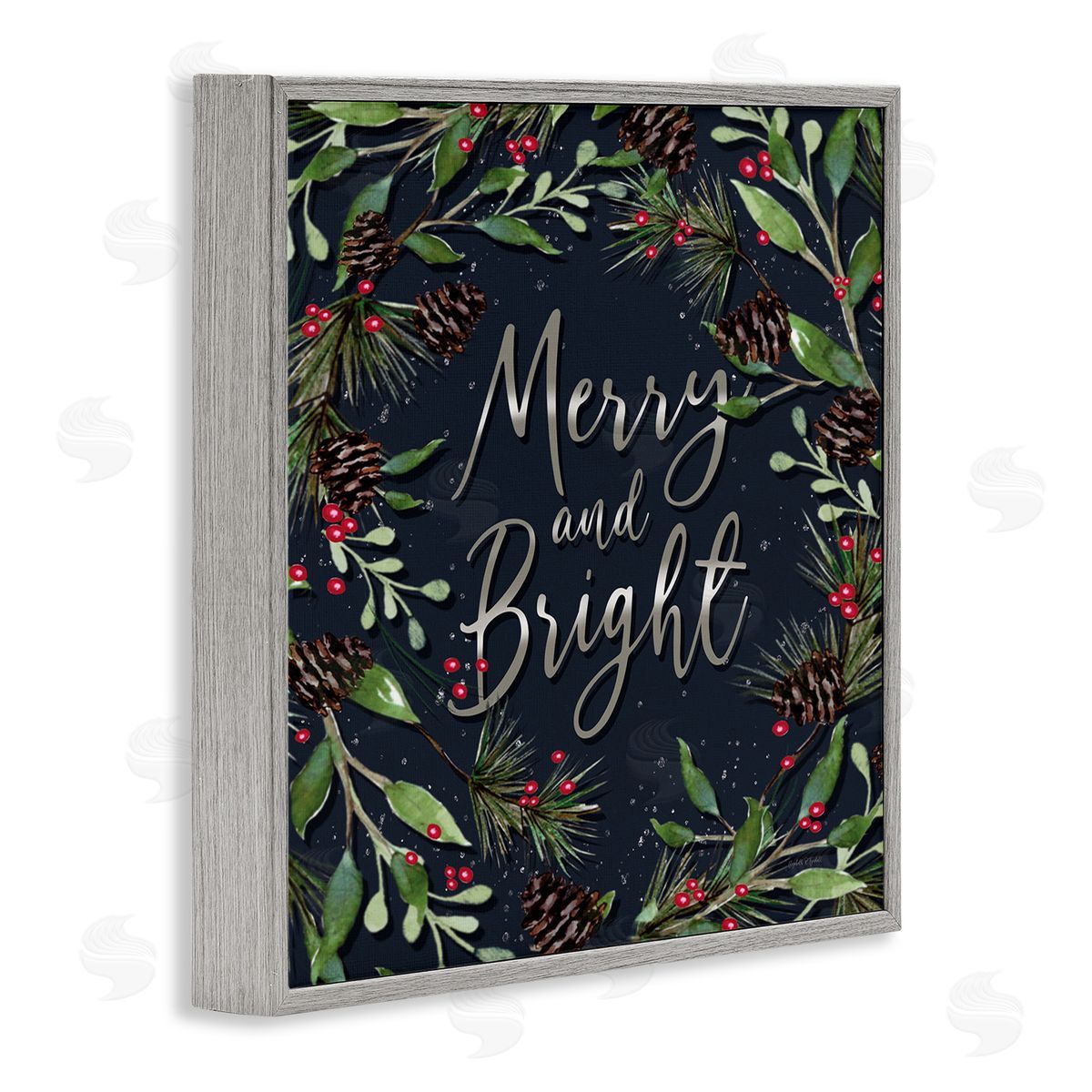 Merry & Bright with Holly Leaves Grey Frame Print Wall Art, Home Decor by Elizabeth Tyndall