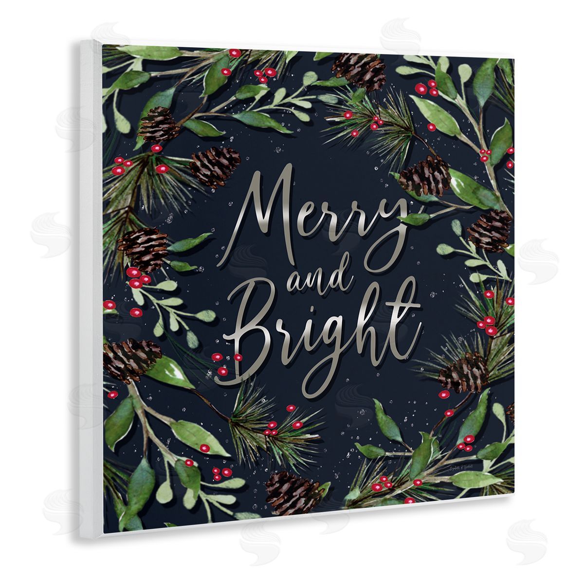 Merry & Bright with Holly Leaves Wood Plaque Wall Art, Home Decor by Elizabeth Tyndall