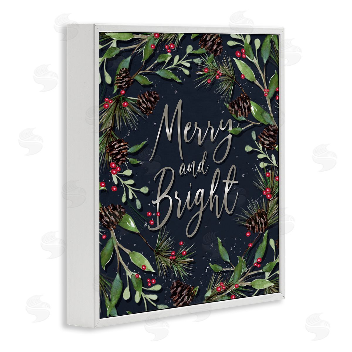 Merry & Bright with Holly Leaves White Frame Print Wall Art, Home Decor by Elizabeth Tyndall