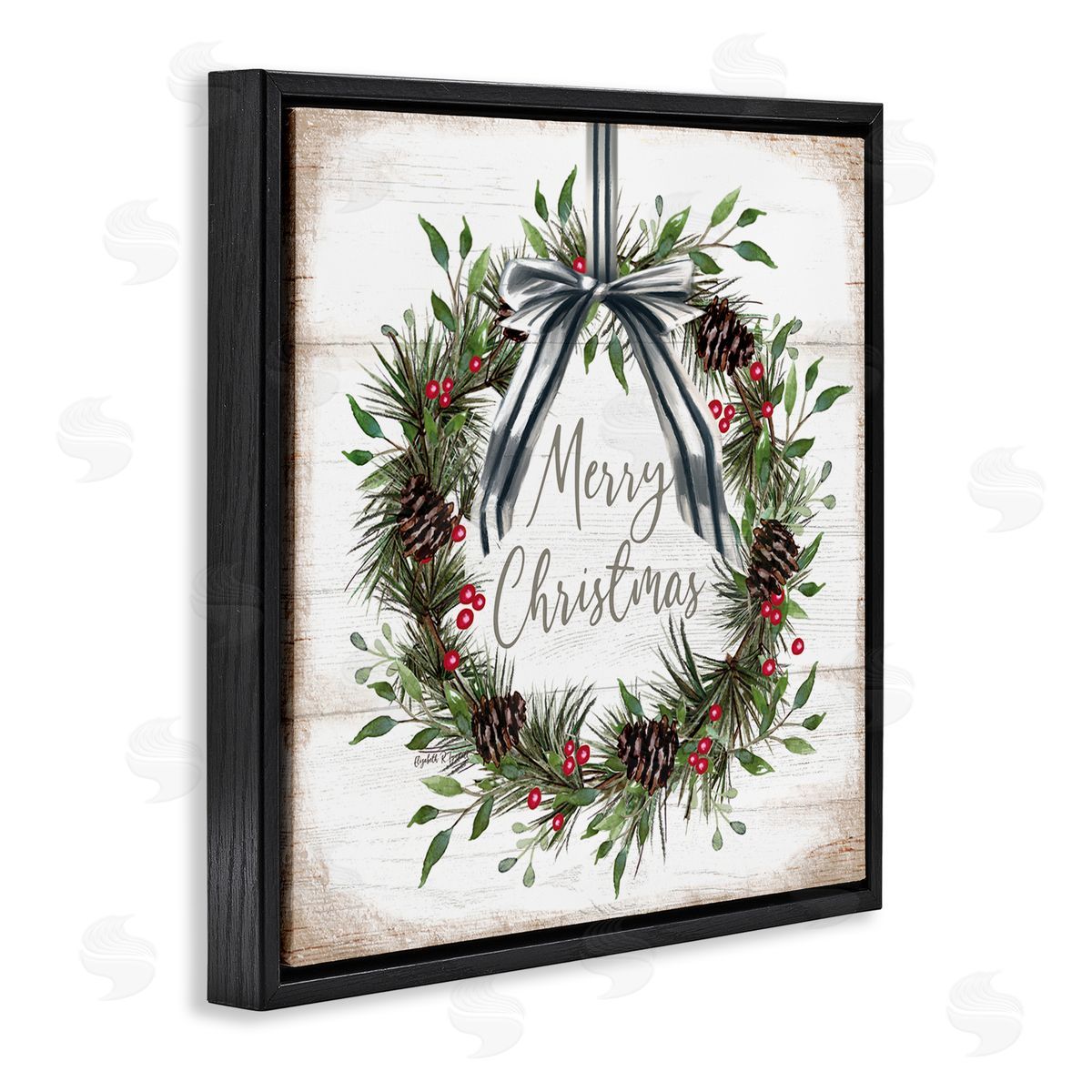 Rustic Christmas Pinecone Wreath Black Floating Frame Canvas Wall Art, Home Decor by Elizabeth Tyndall