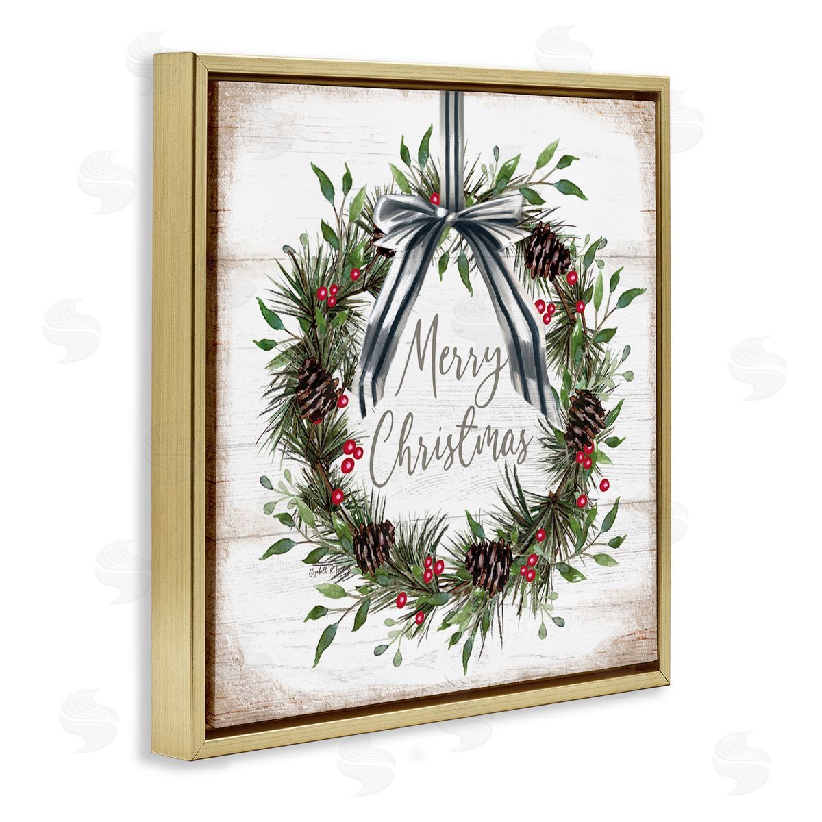 Rustic Christmas Pinecone Wreath Gold Floating Frame Canvas Wall Art, Home Decor by Elizabeth Tyndall