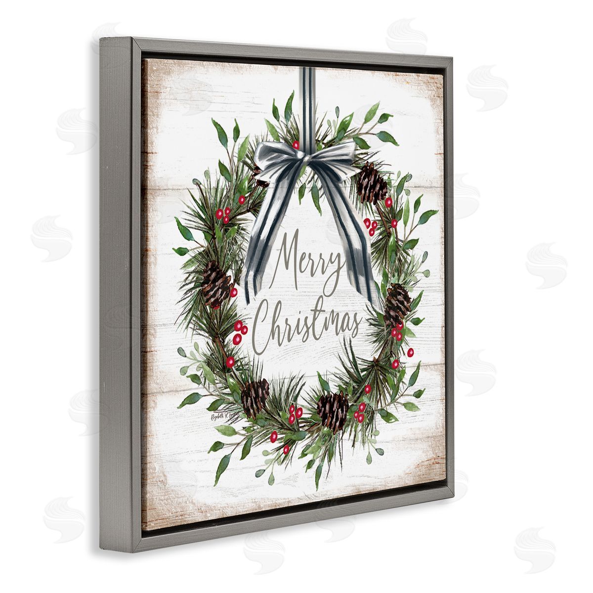Rustic Christmas Pinecone Wreath Grey Floating Frame Canvas Wall Art, Home Decor by Elizabeth Tyndall