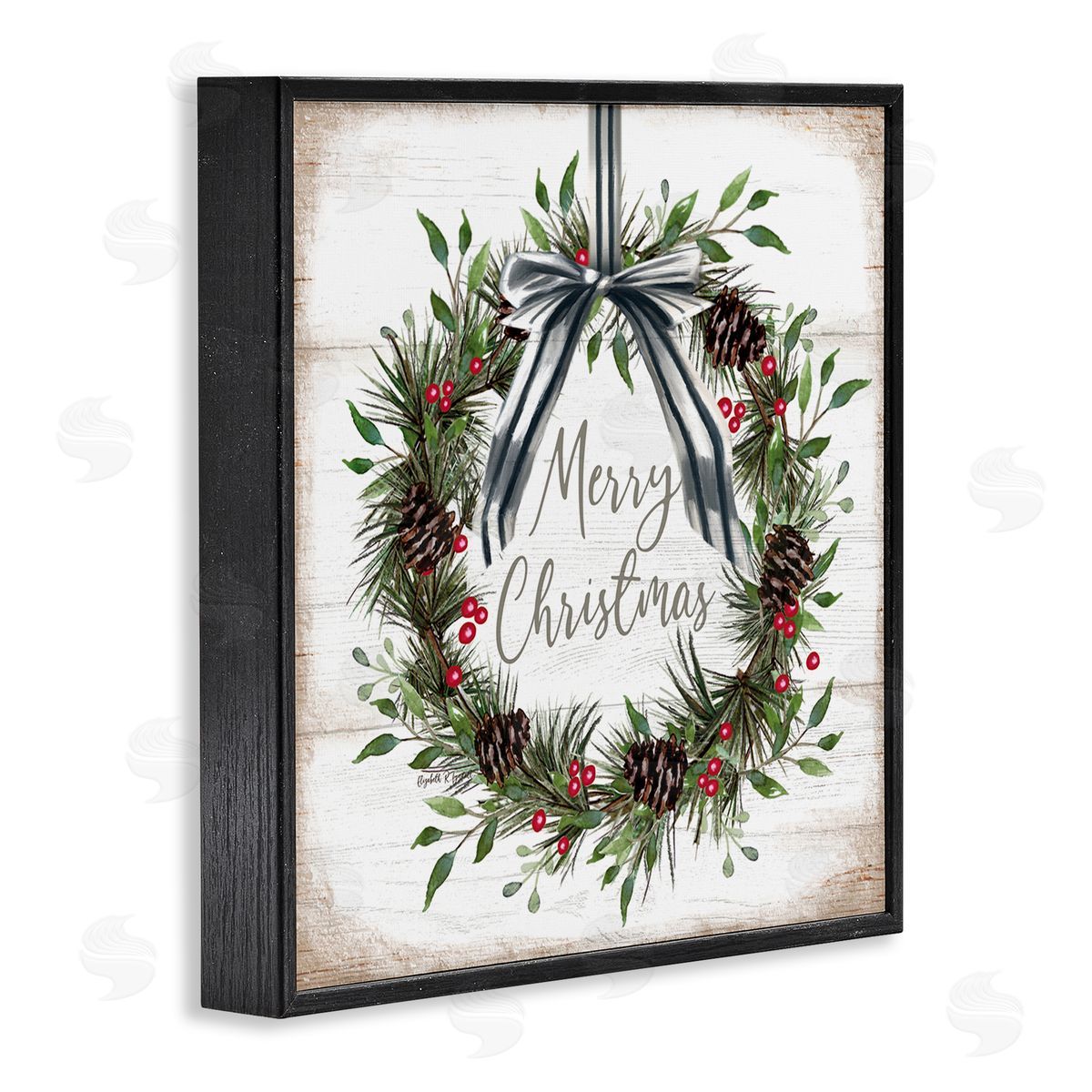 Rustic Christmas Pinecone Wreath Black Frame Print Wall Art, Home Decor by Elizabeth Tyndall