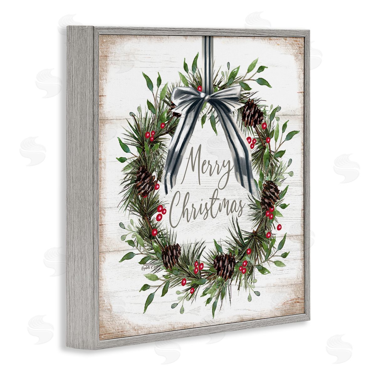 Rustic Christmas Pinecone Wreath Grey Frame Print Wall Art, Home Decor by Elizabeth Tyndall
