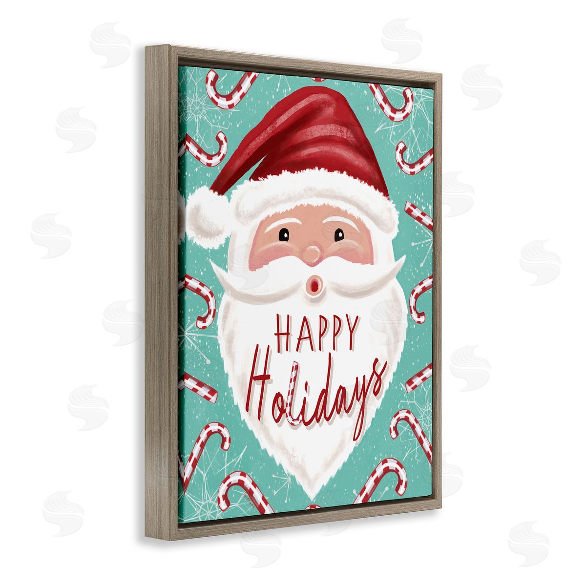 Jolly Santa & Candy Canes Brown Floating Frame Canvas Wall Art, Home Decor by Elizabeth Tyndall