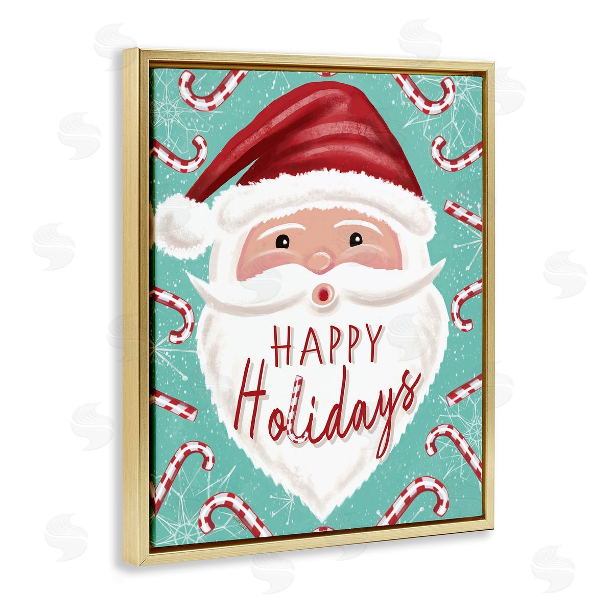 Jolly Santa & Candy Canes Gold Floating Frame Canvas Wall Art, Home Decor by Elizabeth Tyndall