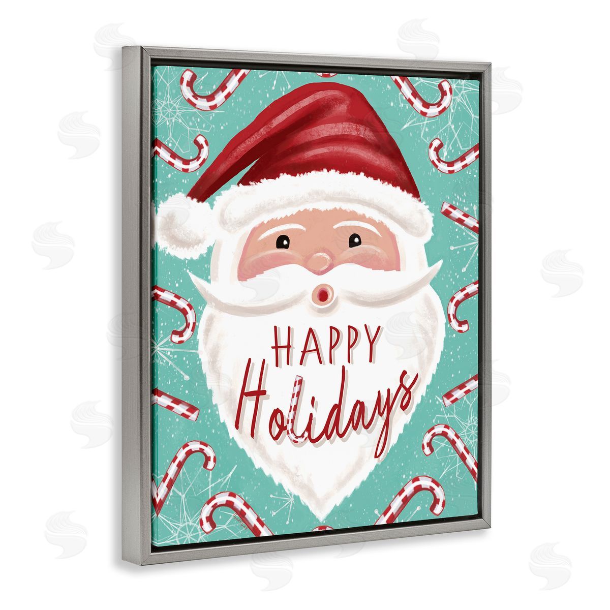 Jolly Santa & Candy Canes Grey Floating Frame Canvas Wall Art, Home Decor by Elizabeth Tyndall