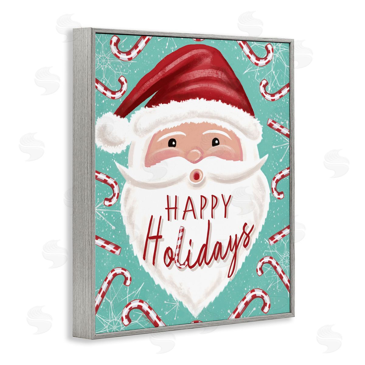 Jolly Santa & Candy Canes Grey Frame Print Wall Art, Home Decor by Elizabeth Tyndall