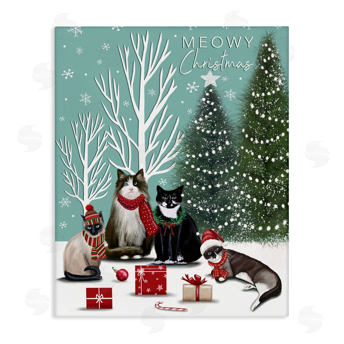 Festive Winter Cats Scene Canvas Wall Art, Home Decor by Elizabeth Tyndall