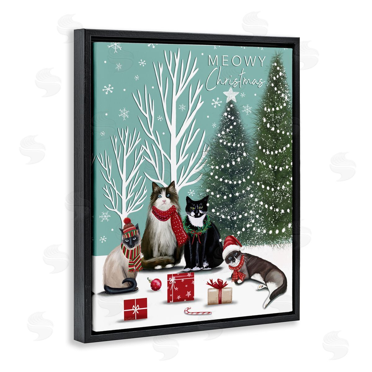 Festive Winter Cats Scene Black Floating Frame Canvas Wall Art, Home Decor by Elizabeth Tyndall