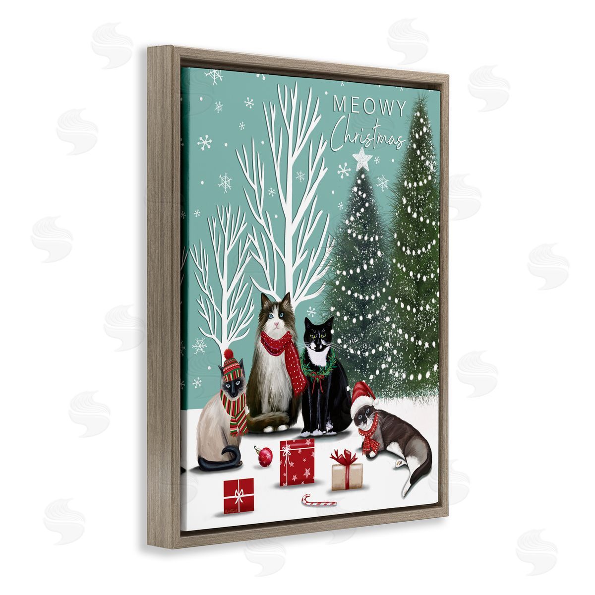 Festive Winter Cats Scene Brown Floating Frame Canvas Wall Art, Home Decor by Elizabeth Tyndall
