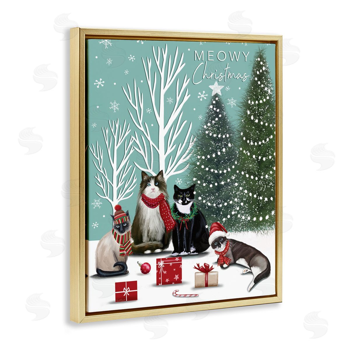 Festive Winter Cats Scene Gold Floating Frame Canvas Wall Art, Home Decor by Elizabeth Tyndall