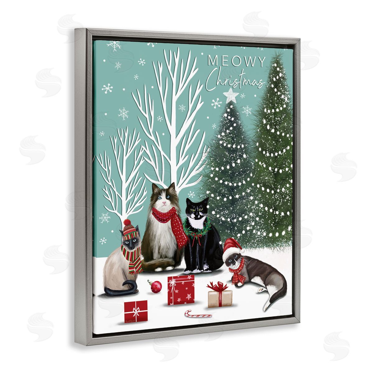 Festive Winter Cats Scene Grey Floating Frame Canvas Wall Art, Home Decor by Elizabeth Tyndall