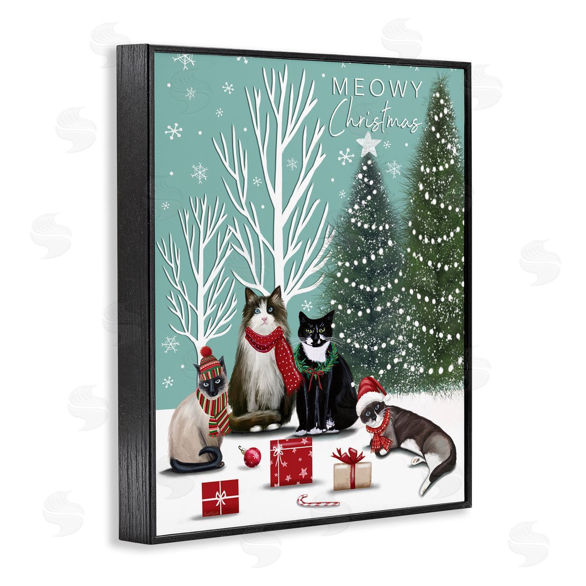 Festive Winter Cats Scene Black Frame Print Wall Art, Home Decor by Elizabeth Tyndall