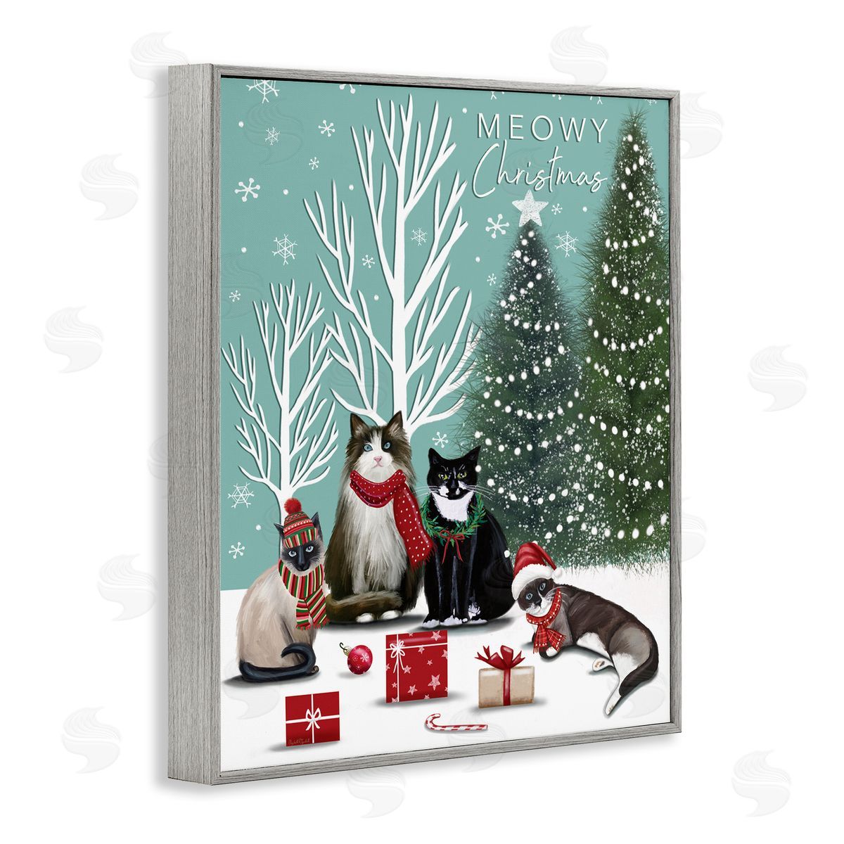 Festive Winter Cats Scene Grey Frame Print Wall Art, Home Decor by Elizabeth Tyndall