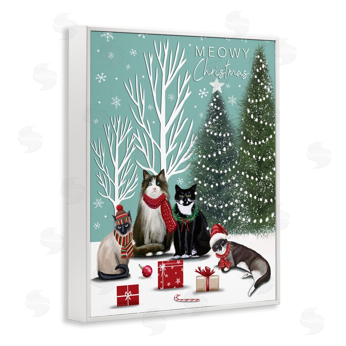 Festive Winter Cats Scene White Frame Print Wall Art, Home Decor by Elizabeth Tyndall