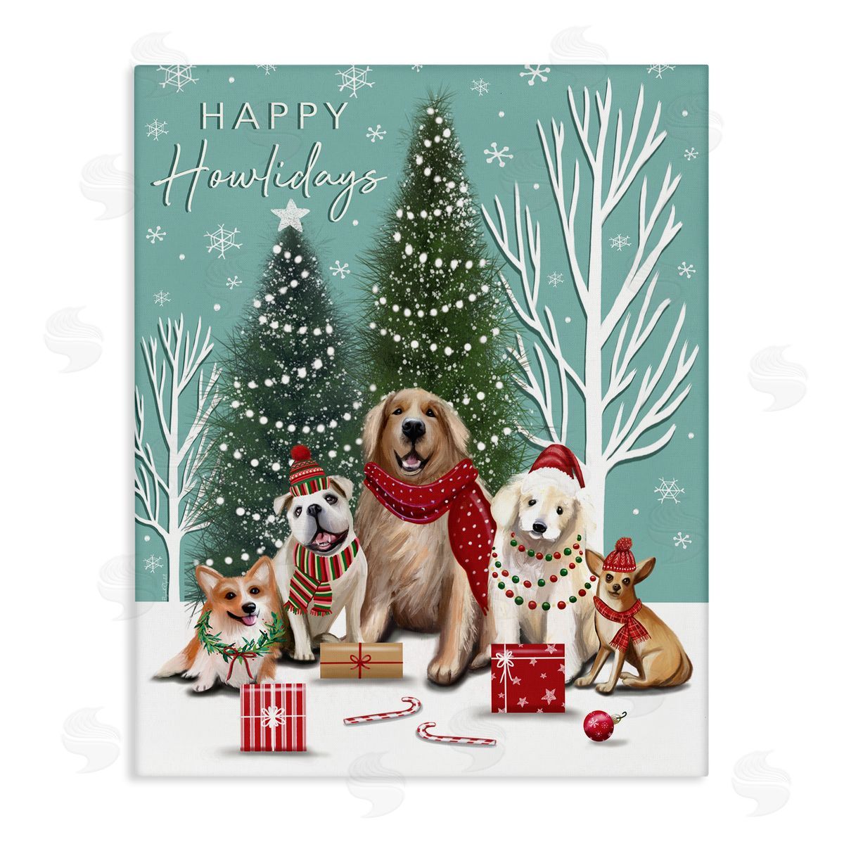 Festive Winter Dogs Scene Canvas Wall Art, Home Decor by Elizabeth Tyndall