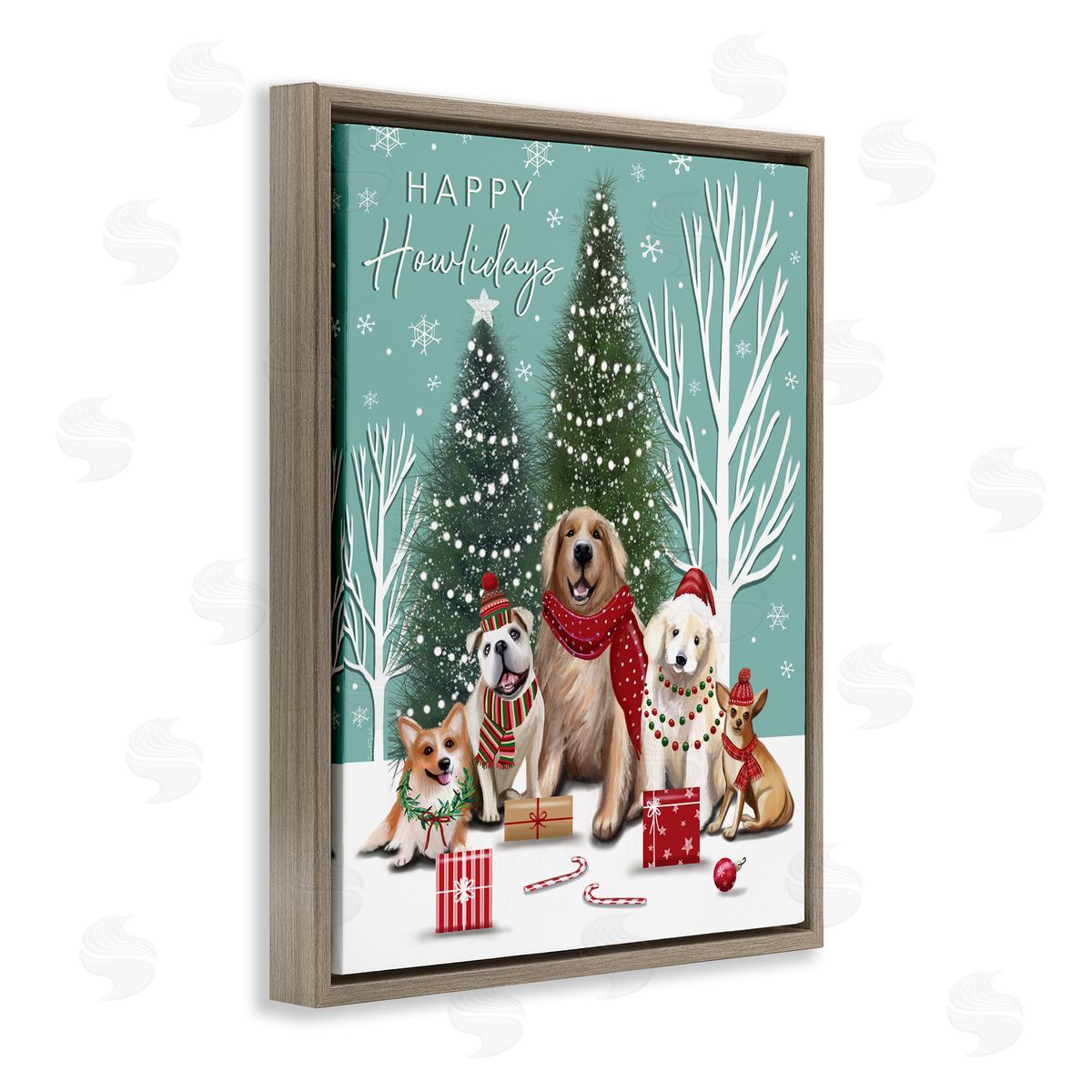 Festive Winter Dogs Scene Brown Floating Frame Canvas Wall Art, Home Decor by Elizabeth Tyndall