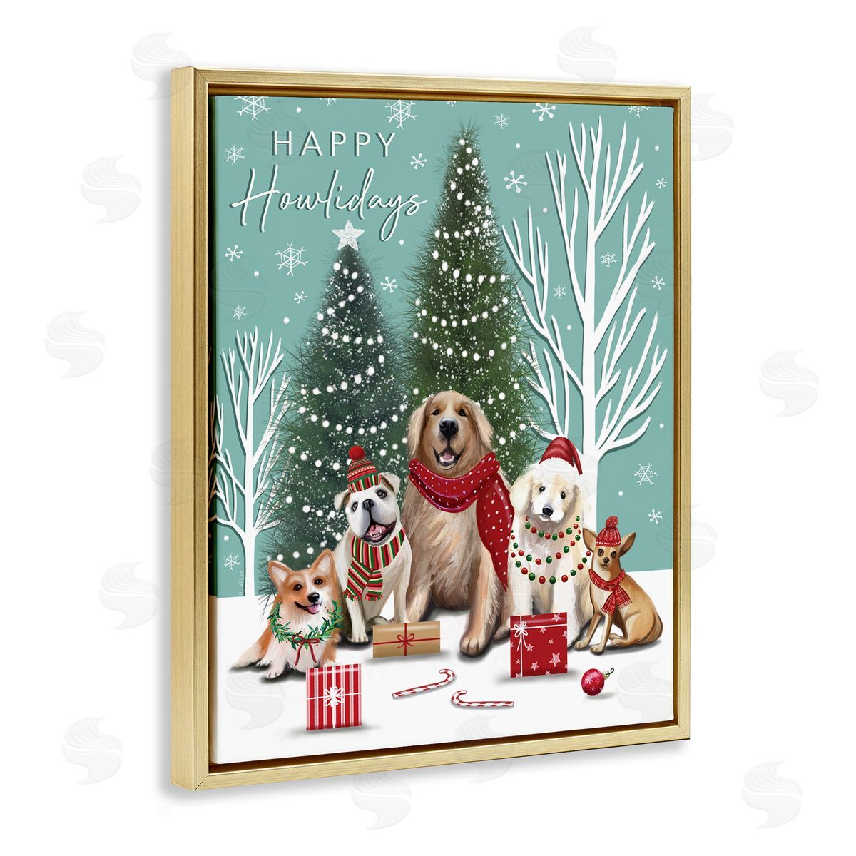 Festive Winter Dogs Scene Gold Floating Frame Canvas Wall Art, Home Decor by Elizabeth Tyndall